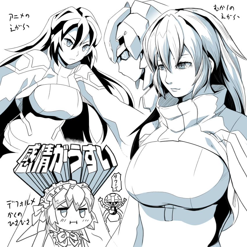 1girl black_hair bodysuit breasts gundam gundam_build_divers gundam_build_divers_re:rise hair_between_eyes highres kamizono_(spookyhouse) lineart looking_down may_(gundam_build_divers_re:rise) mecha medium_breasts monochrome multiple_views robot shrug_(clothing) v-shaped_eyebrows wodom_pod