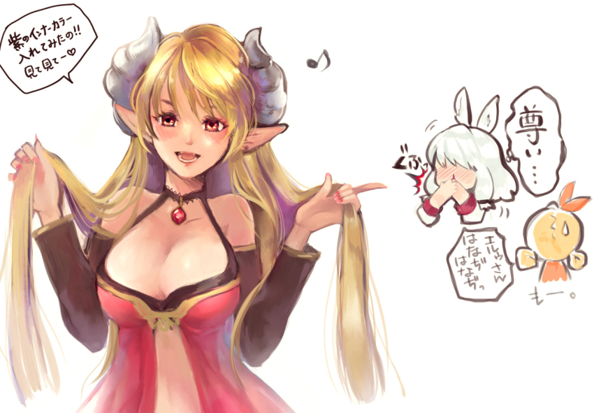 3girls animal_ears babydoll blonde_hair blush bow breasts cleavage commentary demon_girl fingernails gem gobaku_no_hito grey_horns hair_bow hair_lift high_priest_(ragnarok_online) horns large_breasts long_hair looking_at_viewer lord_knight_(ragnarok_online) multiple_girls nose_blush open_mouth orange_bow pointy_ears rabbit_ears rabbit_girl ragnarok_masters ragnarok_online red_babydoll red_gemstone red_nails simple_background smile solo_focus succubus_(ragnarok_online) symbol-only_commentary translation_request upper_body white_background