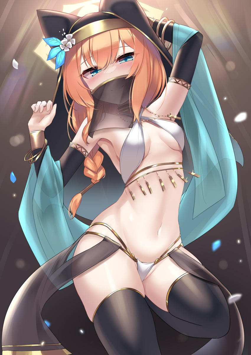 1girl anklet aqua_eyes arabian_clothes armlet belly_chain blue_archive blush bracelet breasts bustier circlet dancer dancing harem_outfit headdress highres jewelry kutan loincloth long_hair looking_at_viewer mari_(blue_archive) midriff mouth_veil navel necklace orange_hair revealing_clothes see-through_clothes small_breasts smile solo thighhighs veil