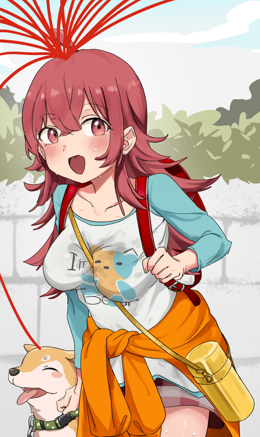 1girl absurdres ahoge backpack bag between_breasts blush breasts cardigan cardigan_around_waist clothes_around_waist collarbone dog highres idolmaster idolmaster_shiny_colors implied_bestiality komiya_kaho long_hair looking_at_viewer mamemaru_(shiny_colors) medium_breasts merlt orange_cardigan outdoors raglan_sleeves randoseru red_bag red_eyes red_hair s_line_(kkomabi) shiba_inu smile strap_between_breasts sweat sweaty_clothes tumbler
