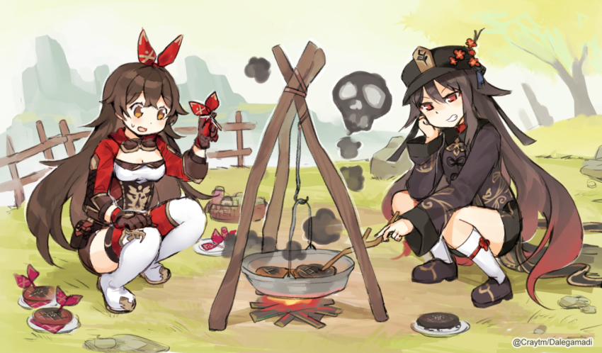 2girls amber_(genshin_impact) black_footwear black_hair black_headwear black_jacket black_nails black_shorts boots breasts brown_eyes brown_gloves brown_hair brown_shorts burnt_food cleavage commentary cooking craytm day english_commentary fence flower food genshin_impact gloves gradient_hair grin hair_ribbon hat hu_tao_(genshin_impact) jacket long_hair long_sleeves medium_breasts multicolored_hair multiple_girls nail_polish outdoors outrider&#039;s_champion_steak!_(genshin_impact) red_eyes red_flower red_legwear red_ribbon ribbon shoes short_shorts shorts skull smile smoke socks squatting steak thigh_boots thighhighs thighhighs_under_boots trait_connection very_long_hair white_socks white_thighhighs wide_sleeves