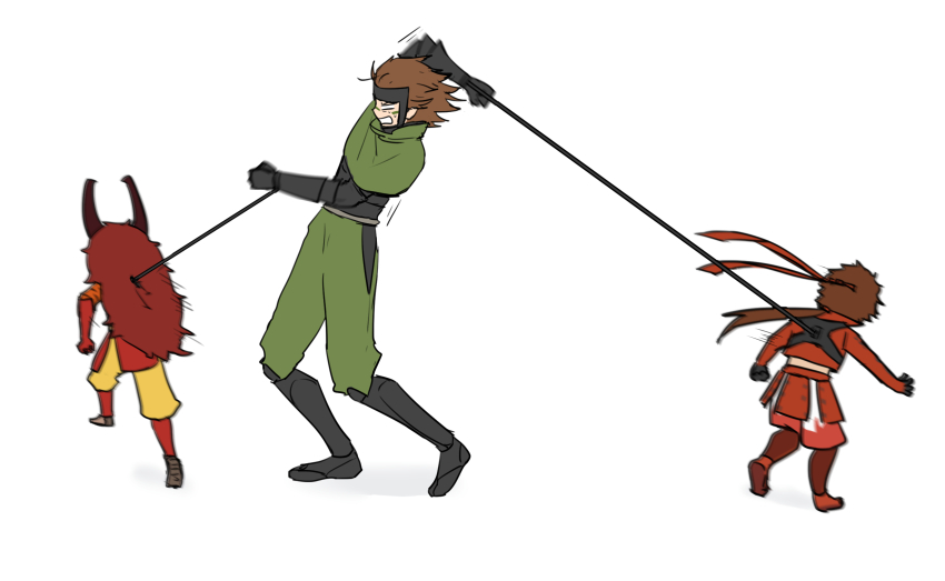 3boys armor black_gloves brown_hair facepaint fake_horns forehead_protector gloves green_pants harness headband highres horns japanese_armor leash leash_pull long_hair low_ponytail male_focus meme motion_blur motion_lines multiple_boys open_mouth pants ponytail popped_collar red_headband rough_day_for_mom_(meme) running sanada_yukimura_(sengoku_basara) sarutobi_sasuke_(sengoku_basara) sengoku_basara short_hair simple_background surushiru sweat takeda_shingen_(sengoku_basara) white_background
