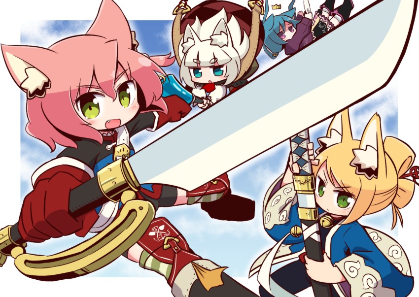 4girls 7th_dragon 7th_dragon_(series) :&lt; :d ahoge animal_ear_fluff animal_ears bell black_bodysuit black_footwear black_skirt blonde_hair blue_eyes blue_hair blue_jacket blue_sky blush bodysuit boots cat_ears closed_mouth cloud cloudy_sky commentary_request crown day fang fighter_(7th_dragon) folded_ponytail fox_ears gloves green_eyes hair_between_eyes hair_bobbles hair_ornament haori harukara_(7th_dragon) holding holding_sheath holding_sword holding_weapon ikurakun_(7th_dragon) jacket japanese_clothes jingle_bell juliet_sleeves katana knee_boots kneehighs long_sleeves looking_at_viewer mage_(7th_dragon) mini_crown momomeno_(7th_dragon) multiple_girls naga_u namuna_(7th_dragon) one_side_up open_mouth parted_lips pink_hair princess_(7th_dragon) puffy_sleeves purple_eyes purple_shirt red_gloves samurai_(7th_dragon) sheath shirt short_eyebrows skirt sky smile socks striped_clothes striped_legwear striped_thighhighs sword thick_eyebrows thighhighs thighhighs_under_boots unsheathing v-shaped_eyebrows weapon white_hair white_legwear wide_sleeves