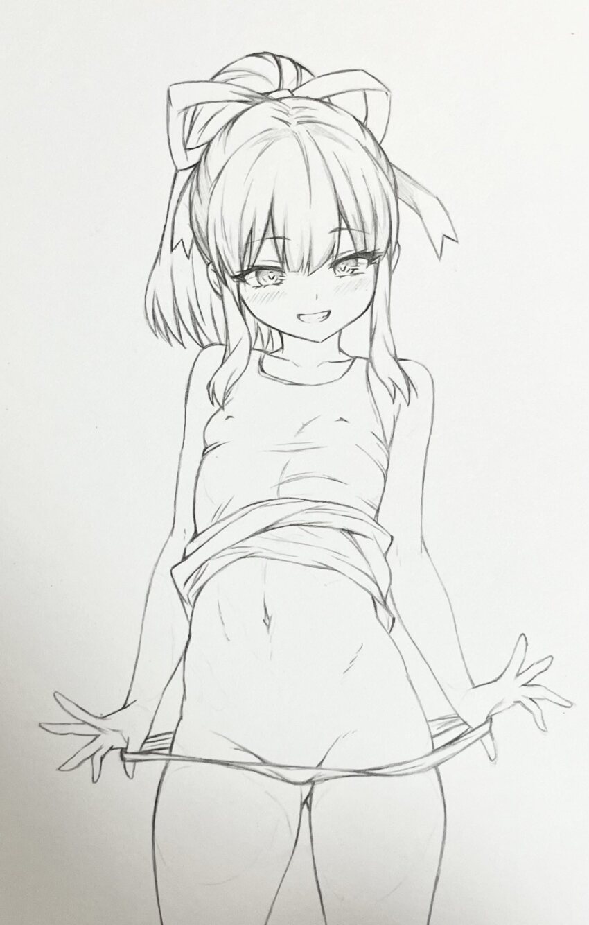 1girl alternate_costume bare_shoulders commentary_request eyelashes graphite_(medium) greyscale groin hair_ribbon high_ponytail highres mega_man_(classic) mega_man_(series) monochrome navel petite photo_(medium) ponytail pulling_own_clothes ribbon roll_(mega_man) seishun_dendeke smile solo standing traditional_media