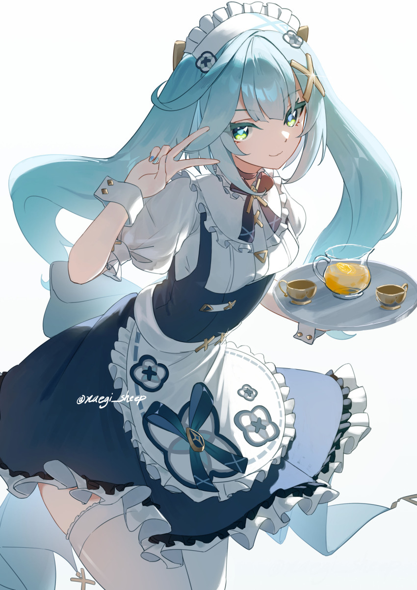 1girl absurdres apron aqua_hair blue_dress closed_mouth cup dress faruzan_(genshin_cafe_in_seoul)_(genshin_impact) faruzan_(genshin_impact) genshin_impact green_eyes hair_ornament highres holding holding_tray juice long_hair looking_at_viewer maid maid_apron maid_headdress naegi_(naegifutaba) official_alternate_costume orange_juice pixiv_username puffy_short_sleeves puffy_sleeves salute short_dress short_sleeves simple_background solo symbol-shaped_pupils thighhighs tray triangle-shaped_pupils twintails two-finger_salute waist_apron white_apron white_background white_sleeves white_thighhighs wrist_cuffs