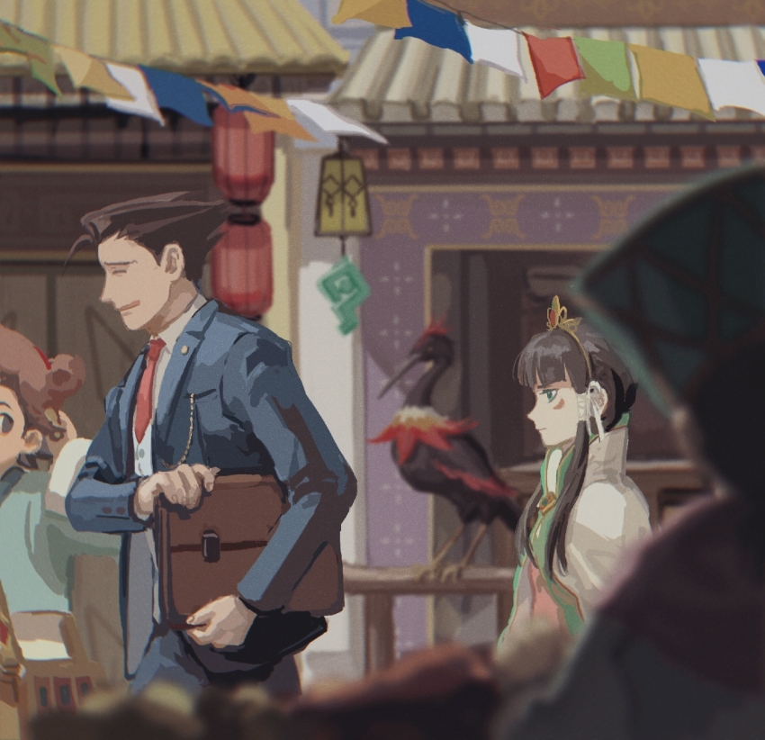 1girl 2boys ace_attorney ahlbi_ur&#039;gaid bird closed_eyes dog formal_clothes from_side green_eyes highres long_hair mimulishizi multiple_boys phoenix_wright phoenix_wright:_ace_attorney_-_spirit_of_justice puppy rayfa_padma_khura&#039;in spiked_hair suit suitcase