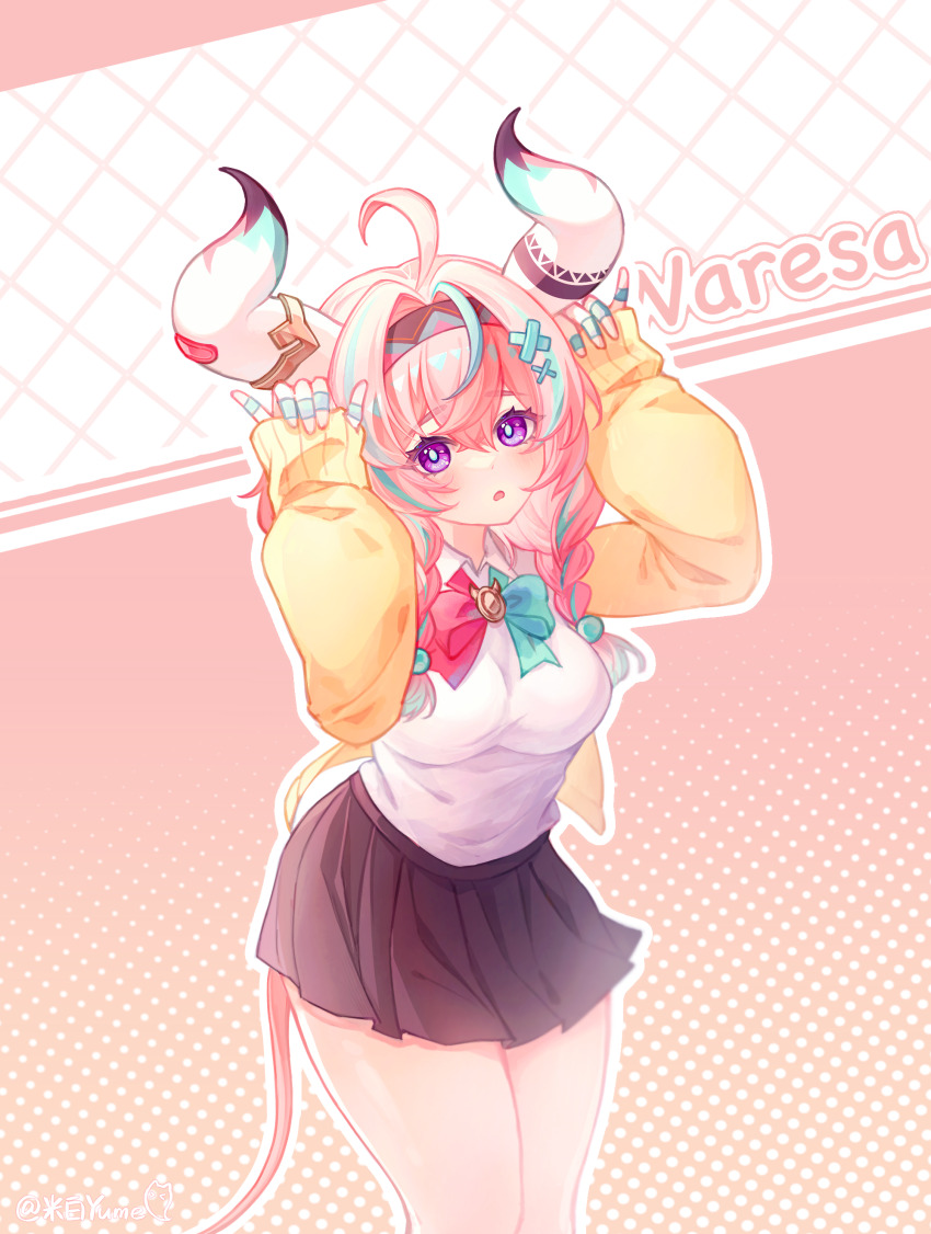 1girl absurdres ahoge blush bow breasts character_name genshin_impact hair_between_eyes hairband halftone halftone_background highres large_breasts long_hair long_sleeves looking_at_viewer mibai_yume pink_hair pleated_skirt polka_dot polka_dot_background polka_dot_bow purple_eyes shirt skirt solo varesa_(genshin_impact) white_shirt