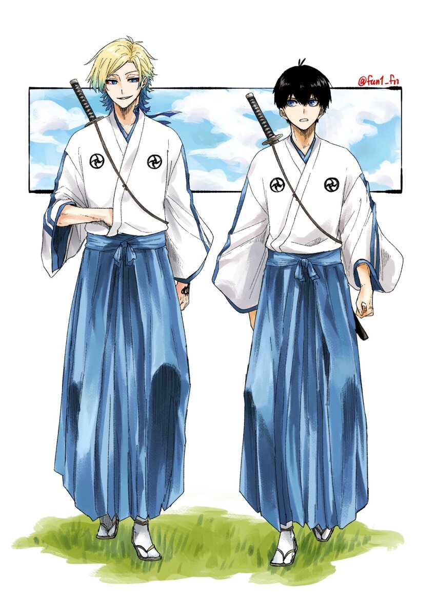 2boys black_hair blonde_hair blue_eyes blue_hair blue_lock full_body fun1_fn gradient_hair hakama highres isagi_yoichi japanese_clothes katana kimono long_hair long_sleeves male_focus michael_kaiser multicolored_hair multiple_boys sandals sheath sheathed short_hair smile standing sword tabi twitter_username two-tone_hair weapon white_background white_kimono wide_sleeves zouri