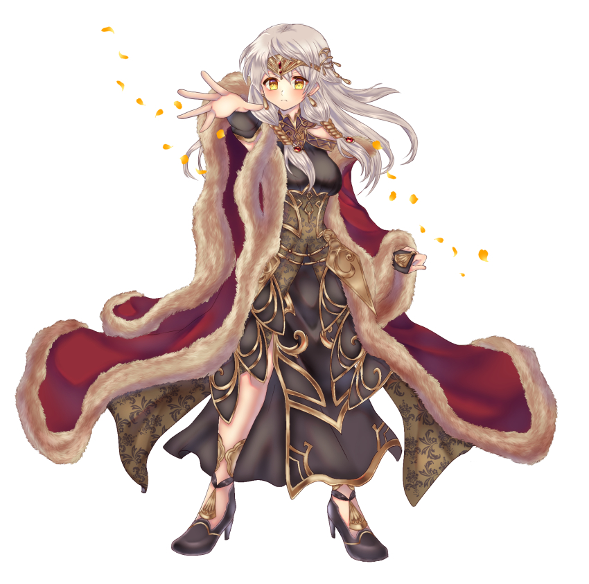 1girl bad_id bad_pixiv_id black_dress black_gloves bridal_gauntlets circlet coat dress earrings fire_emblem fire_emblem:_radiant_dawn fire_emblem_cipher fire_emblem_heroes full_body fur-trimmed_coat fur_trim gau_fe gloves half_updo high_heels highres jewelry long_hair looking_at_viewer micaiah_(fire_emblem) micaiah_(radiant_queen)_(fire_emblem) nintendo outstretched_arm petals serious side_slit silver_hair simple_background solo white_background yellow_eyes