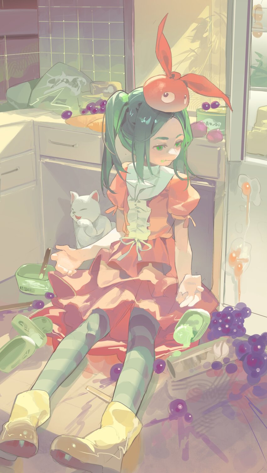 1girl absurdres aqua_thighhighs boots center_frills collared_dress drawer dress food food_on_face frills fruit full_body grapes green_eyes green_hair hair_ornament highres ice_cream indoors kitchen layered_dress looking_to_the_side medium_hair monogatari_(series) omurice_(304975636) ononoki_yotsugi orange_dress parted_bangs puffy_short_sleeves puffy_sleeves rabbit_hair_ornament refrigerator rubber_boots short_sleeves sitting solo striped_clothes striped_thighhighs thighhighs tile_wall tiles twintails