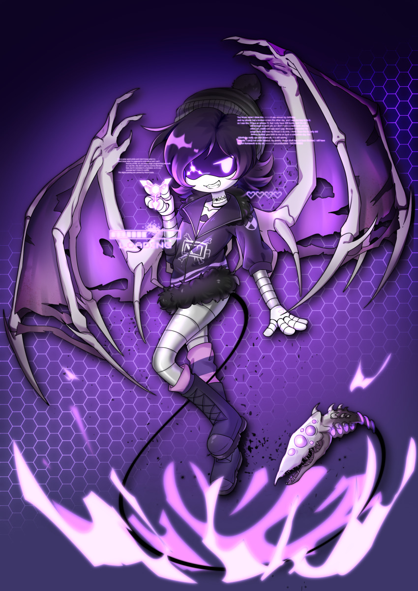 1girl absurdres bat_wings evil_grin evil_smile fur_collar fur_trim grin highres honeycomb_(pattern) honeycomb_background inaba_hitomi looking_at_viewer monster_tail murder_drones purple_background purple_eyes purple_hair robot smile tail uzi_(murder_drones) wings