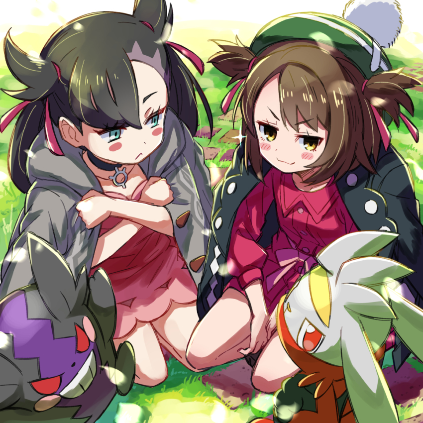 2girls aqua_eyes asymmetrical_bangs black_choker black_hair black_jacket blush_stickers borrowed_clothes brown_hair cardigan choker closed_mouth commentary_request crossed_arms day doyagao dress gen_8_pokemon gloria_(pokemon) grass green_headwear grey_cardigan hair_ribbon hat jacket jacket_on_shoulders kingin kneeling marnie_(pokemon) morpeko morpeko_(hangry) multiple_girls nintendo open_cardigan open_clothes outdoors pink_dress pokemon pokemon_(creature) pokemon_swsh pout raboot red_ribbon ribbon short_dress short_hair short_twintails smug sparkle squatting tam_o&#039;_shanter twintails v-shaped_eyebrows yellow_eyes