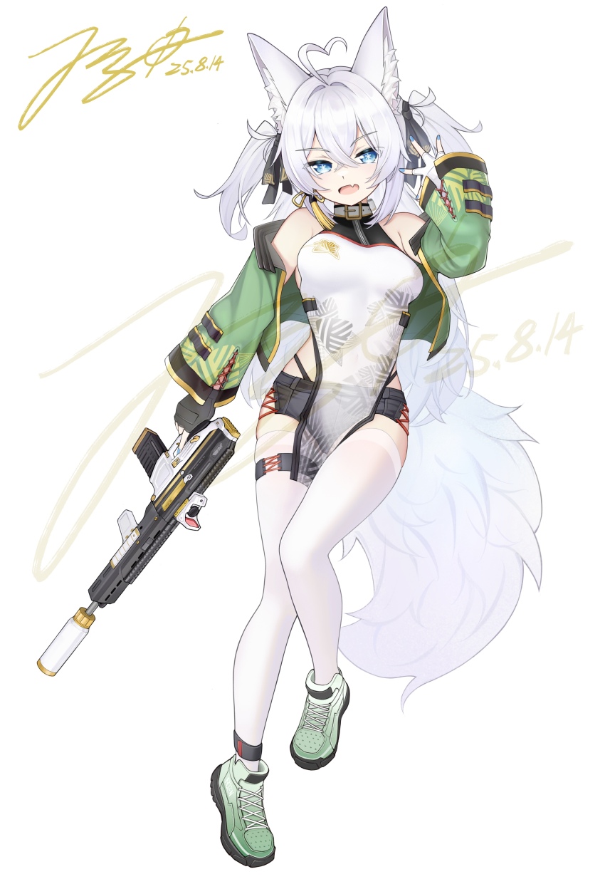 1girl absurdres adaptive_combat_rifle ahoge animal_ear_fluff animal_ears assault_rifle asymmetrical_gloves black_bow black_gloves black_shorts blue_nails bow breasts china_dress chinese_clothes chinese_commentary choker commentary_request commission crossed_bangs dated dress earrings fang fingerless_gloves fluffy fox fox_girl full_body gloves green_jacket gun hair_bow hair_intakes highres holding holding_gun holding_weapon jacket jerry_wang jewelry long_hair long_sleeves magazine_(weapon) mismatched_gloves off_shoulder open_clothes open_jacket open_mouth optical_sight original pelvic_curtain print_dress rifle see-through_clothes see-through_dress shoes short_shorts shorts side_slit signature simple_background skin_fang skindentation sleeveless sleeveless_dress small_breasts sneakers solo suppressor suspender_shorts suspenders symbol-shaped_pupils tassel tassel_earrings thigh_strap thighhighs two_side_up vertical_foregrip watermark weapon white_background white_choker white_gloves white_hair white_shoes white_tail white_thighhighs