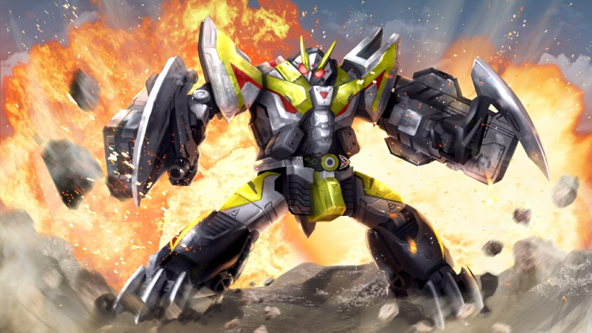 1boy adapted_costume antennae armor boomerang breaking_mammoth bug cowboy_shot rider_belt explosion gloves grasshopper green_armor green_mask highres insect kamen_rider kamen_rider_01_(series) kamen_rider_zero-one male_focus mammoth mask mecha progrise_key red_eyes reiwa robot sword tokusatsu tsubasansan tusks weapon zero_one_driver