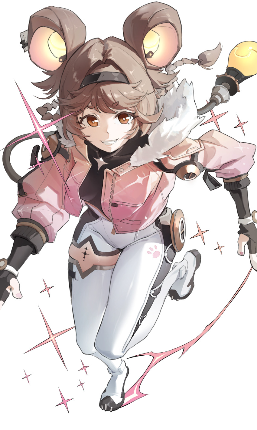 1girl absurdres black_hairband black_shirt braid breasts brown_eyes brown_hair commentary covered_collarbone english_commentary fur-trimmed_jacket fur_trim grin hairband highres jacket jimizuai- light_bulb looking_at_viewer lumi_(wuthering_waves) mechanical_tail open_clothes open_jacket pink_jacket shirt shoes short_hair single_leg_bodysuit small_breasts smile solo tacet_mark_(wuthering_waves) tail thick_eyebrows thighhighs thighs white_shoes white_thighhighs wuthering_waves