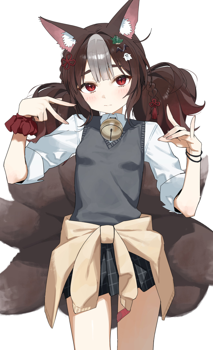 1girl absurdres animal_ear_fluff animal_ears blush breasts brown_hair cardigan cardigan_around_waist clothes_around_waist collared_shirt highres long_hair looking_at_viewer low_twintails original plaid_clothes plaid_skirt pleated_skirt red_eyes shirt skirt sleeveless sleeveless_sweater slit_pupils small_breasts solo standing sweater syhan tail twintails v white_shirt