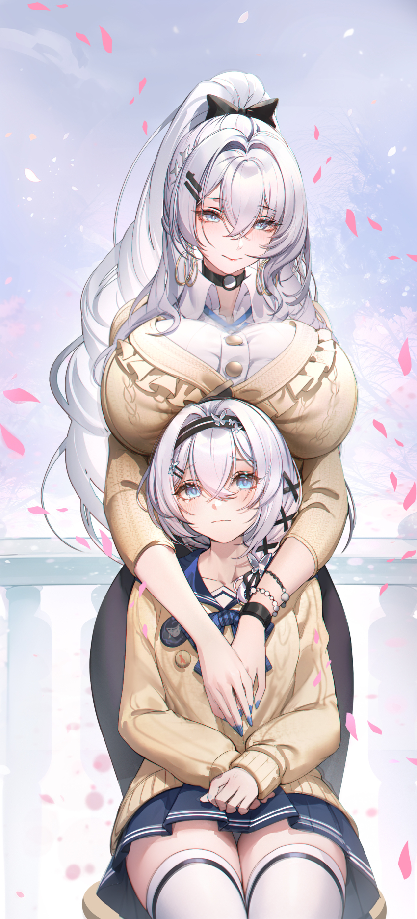 2girls absurdres age_comparison aged_down arms_on_another&#039;s_shoulder badge bead_bracelet beads black_bow black_choker black_skirt blue_bow blue_eyes blue_nails blue_sailor_collar blue_skirt blush bow bracelet breast_rest breasts breasts_on_head button_badge buttons chinese_commentary choker closed_mouth collarbone collared_shirt commentary_request crossed_bangs dual_persona earrings falling_petals frilled_sweater front-to-back gold_earrings gradient_background hair_between_eyes hair_bow hair_intakes hair_ornament hairclip highres hoop_earrings huge_breasts jewelry long_hair long_skirt multiple_girls nail_polish original own_hands_together panties pantyshot petals pink_petals ponytail q18607 railing sailor_collar second-party_source shirt short_hair sidelocks sitting skirt smile standing star_(symbol) star_hair_ornament sweater tearing_up thighhighs thighs three-quarter_sleeves underwear very_long_hair white_hair white_panties white_shirt white_thighhighs x_hair_ornament