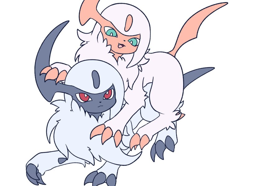 absol alternate_color animal_focus claws closed_mouth fang gen_3_pokemon green_eyes highres looking_up lying nintendo open_mouth pokemon pokemon_(creature) red_eyes shiny_pokemon smile soruva_359 white_background white_hair
