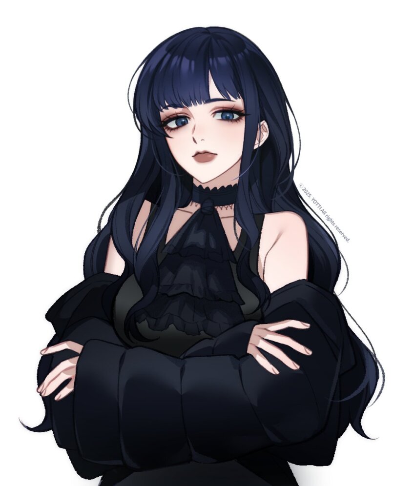 1girl ascot bare_shoulders black_ascot black_hair black_jacket black_shirt blue_eyes commentary crossed_arms eyeshadow final_fantasy final_fantasy_xiv gaia_(ff14) highres jacket korean_commentary long_hair makeup off_shoulder ppeunyaa shirt sidelocks simple_background solo upper_body wavy_hair white_background