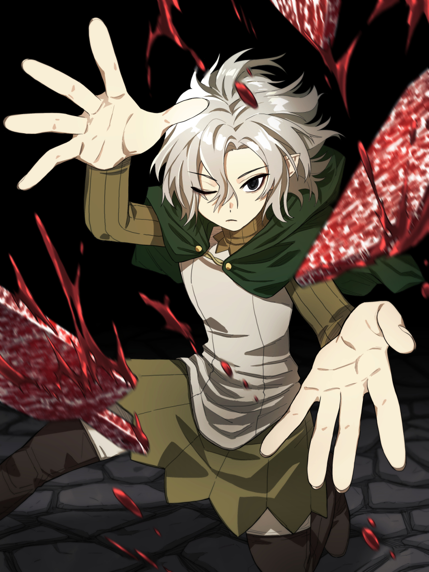 1boy bags_under_eyes black_background black_eyes blood boots cloak cocopeace dungeon_meshi elf food foreshortening gorget green_cloak grey_hair highres hood hooded_cloak korean_commentary long_sleeves looking_at_viewer male_focus meat mithrun notched_ear on_one_knee one_eye_closed outstretched_arms pointy_ears raw_meat shirt short_hair sliced_meat solo thigh_boots tunic wavy_hair