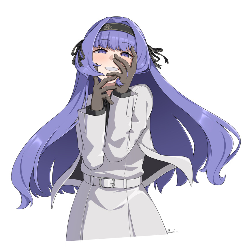 1girl belt belt_buckle bismuth_(paravene) black_bow black_hairband bow buckle dress grey_belt grey_dress grey_jacket hair_bow hairband hands_on_own_face hands_up highres jacket long_hair looking_at_viewer original purple_eyes purple_hair simple_background smile solo striped_bow very_long_hair white_background