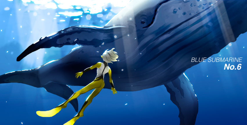 1girl ao_no_roku-gou ass colored_skin full_body horocca long_hair monster_girl multicolored_skin mutio nude pointy_ears underwater water whale white_skin yellow_skin
