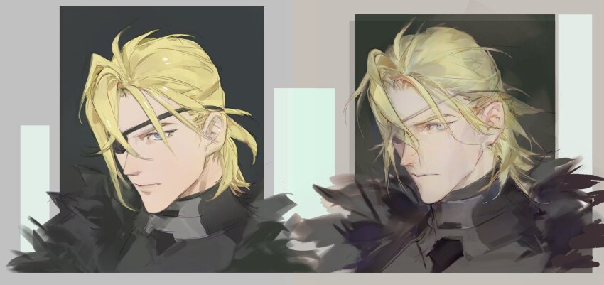 1boy armor black_armor black_fur blonde_hair blue_eyes border breastplate chinese_commentary closed_mouth commentary_request cropped_shoulders dimitri_alexandre_blaiddyd eyepatch fire_emblem fire_emblem:_three_houses grey_border highres looking_ahead male_focus messy_hair nintendo one_eye_covered ponytail short_ponytail zn_(loliconzn)