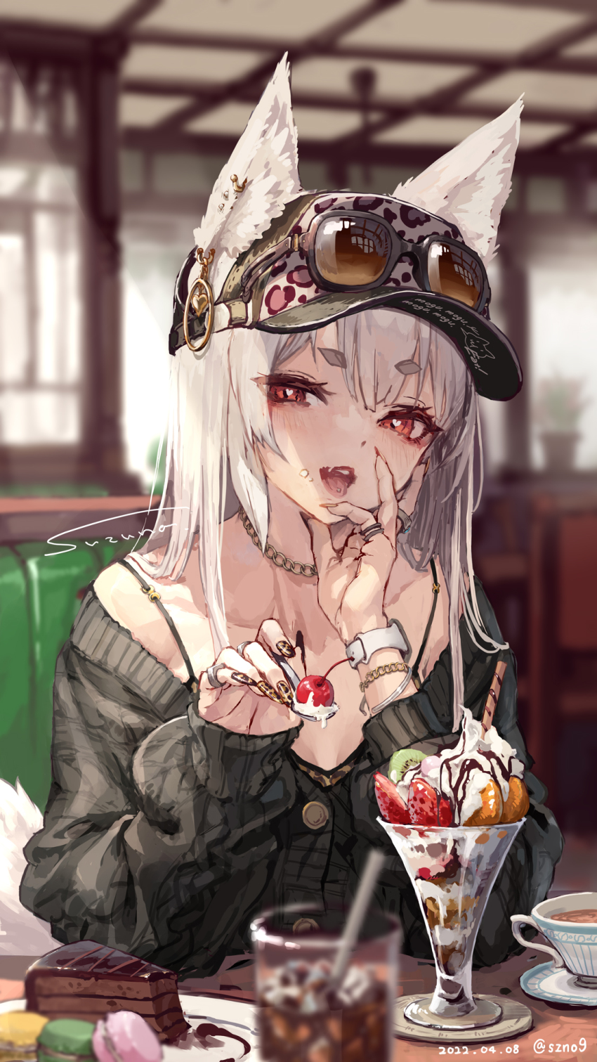animal_ear_fluff animal_ears breasts cake cake_slice chain chain_necklace cherry cleavage cup duplicate eating eyewear_on_head food fruit hat highres ice_cream jewelry necklace off_shoulder open_mouth original parfait pixel-perfect_duplicate ring spoon sundae suzuno_(bookshelf) teacup tongue tongue_out watch
