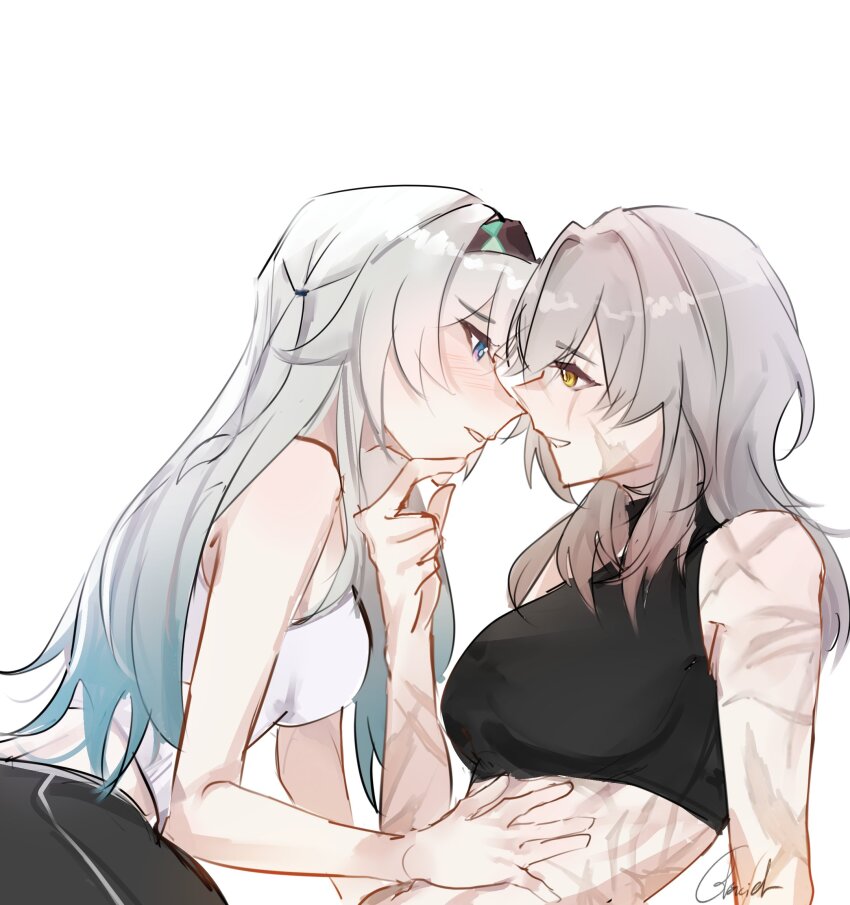 2girls black_shirt blue_eyes blue_hair commentary crop_top english_commentary eye_contact firefly_(honkai:_star_rail) glaciel gradient_hair grey_hair hand_on_another&#039;s_cheek hand_on_another&#039;s_face hand_on_another&#039;s_stomach highres honkai:_star_rail honkai_(series) looking_at_another multicolored_hair multiple_girls parted_lips scar scar_on_arm scar_on_face scar_on_stomach shirt simple_background smile stelle_(honkai:_star_rail) trailblazer_(honkai:_star_rail) white_background white_hair white_shirt yellow_eyes yuri
