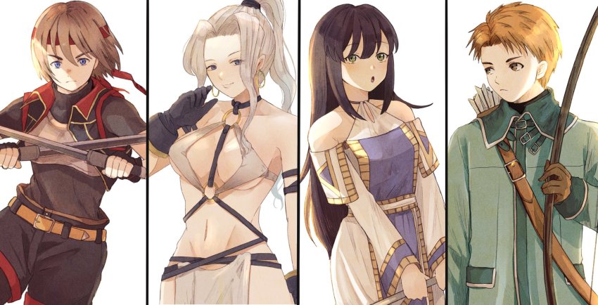 2boys 2girls belt black_hair blue_eyes breasts brown_hair closed_mouth detached_sleeves dress earrings gensou_suikoden gensou_suikoden_iv gloves green_eyes headband high_ponytail highres jeane_(suikoden) jewelry korunosabu lazlo_(gensou_suikoden) long_hair long_sleeves looking_at_viewer medium_breasts multiple_boys multiple_girls open_mouth ponytail revealing_clothes simple_background small_breasts smile ted_(suikoden) viki_(suikoden) white_background