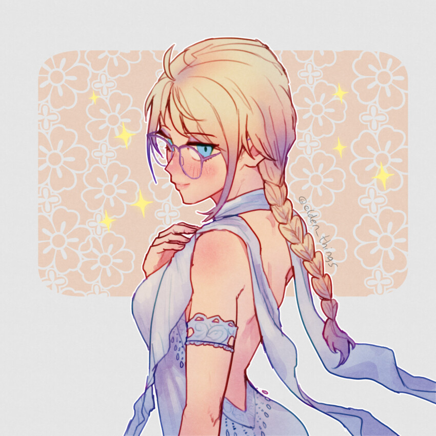 1girl backless_dress backless_outfit bare_shoulders blonde_hair blue_eyes blush braid braided_ponytail closed_mouth commentary dress elden_ring elden_things english_commentary fia_the_deathbed_companion glasses highres lips long_hair looking_at_viewer pink_lips purple-framed_eyewear sleeveless sleeveless_dress smile solo twitter_username white_dress