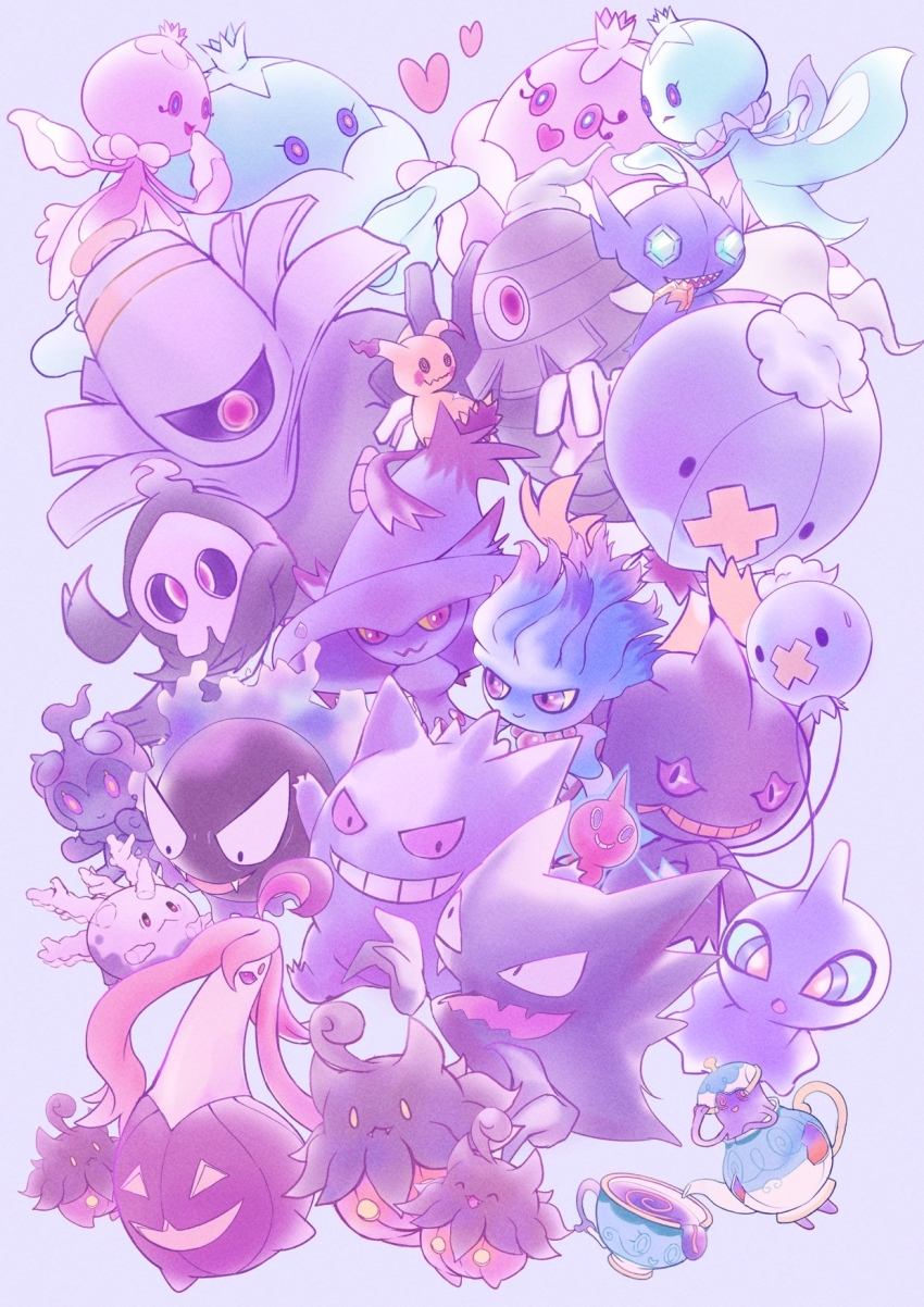 :&lt; banette black_eyes commentary_request drifblim drifloon dusclops dusknoir duskull fangs frillish frillish_(female) frillish_(male) galarian_corsola galarian_form gastly gem gen_1_pokemon gen_2_pokemon gen_3_pokemon gen_4_pokemon gen_5_pokemon gen_6_pokemon gen_7_pokemon gen_8_pokemon gengar gourgeist grey_background grin haunter heart highres holding holding_gem jellicent jellicent_(female) jellicent_(male) legendary_pokemon looking_down marshadow mimikyu misdreavus mismagius mythical_pokemon nintendo no_humans osaki_makura pokemon pokemon_(creature) polteageist pumpkaboo purple_eyes rotom rotom_(normal) sableye shuppet sinistea smile teeth