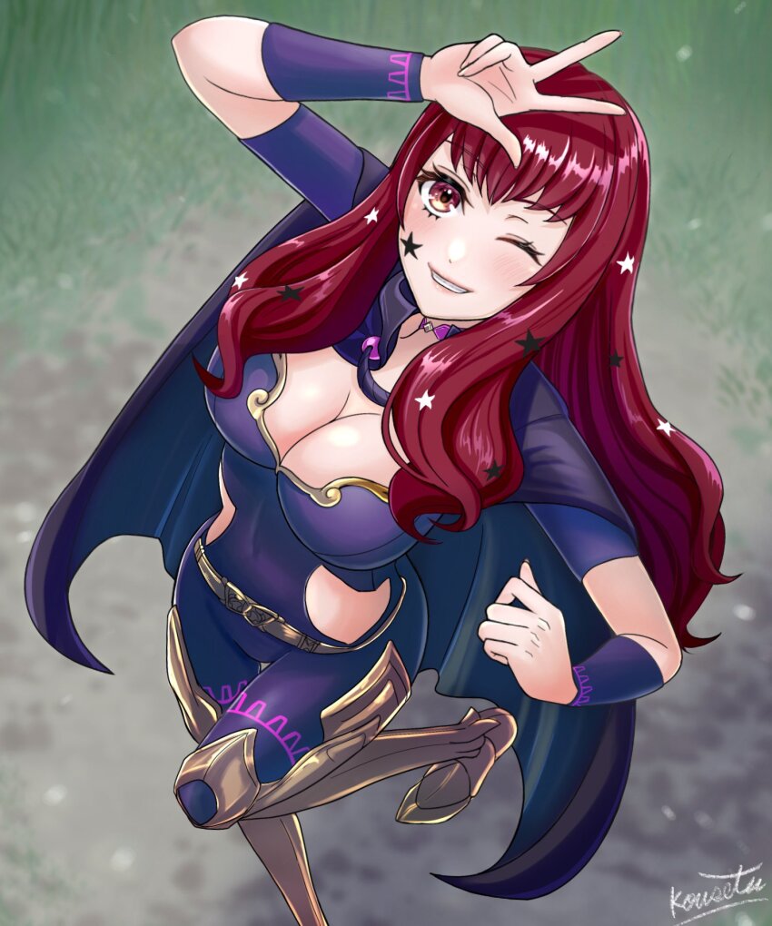 1girl breasts cape cleavage fire_emblem fire_emblem_engage highres kousetu0506 large_breasts long_hair nintendo one_eye_closed red_eyes red_hair smile solo yunaka_(fire_emblem)