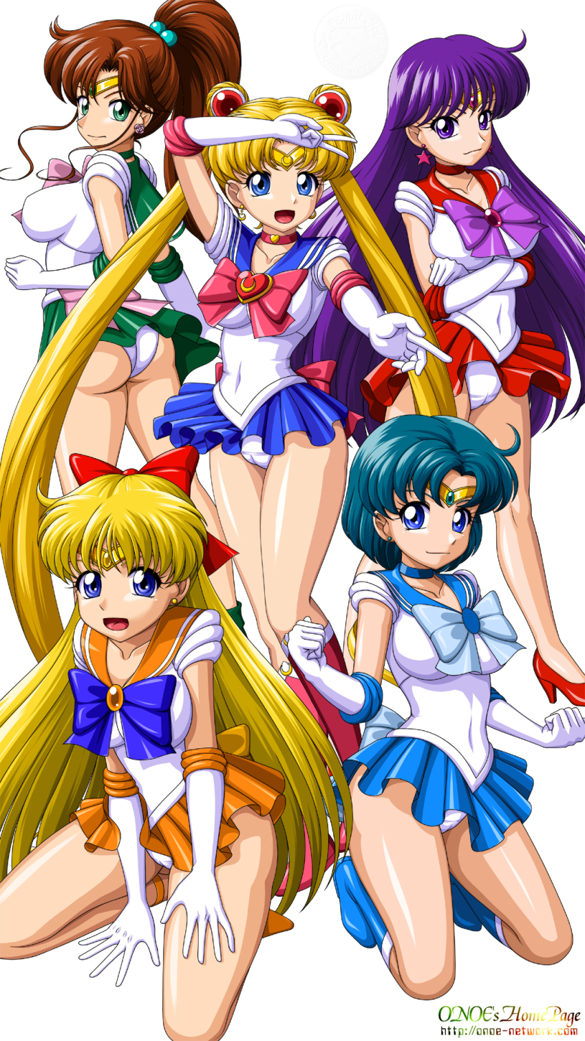 5girls ahoge aino_minako artist_name ass back_bow bishoujo_senshi_sailor_moon bishoujo_senshi_sailor_moon_s blonde_hair blue_eyes blue_footwear blue_hair blue_sailor_collar blue_skirt boots bow bowtie breasts brooch brown_hair cameltoe choker closed_mouth clothes_lift collarbone commentary covered_erect_nipples crescent crescent_earrings crescent_wand crossed_arms diadem double_bun earrings elbow_gloves eyelashes gloves green_choker green_footwear green_sailor_collar green_skirt hair_bobbles hair_bow hair_bun hair_ornament hands_on_thighs high_ponytail highres hino_rei inner_senshi jewelry kino_makoto knee_boots kneeling large_breasts legs leotard leotard_peek long_hair looking_at_viewer magical_girl miniskirt mizuno_ami multiple_girls onoe open_mouth orange_sailor_collar orange_skirt pleated_skirt ponytail purple_eyes purple_hair red_bow red_bowtie red_choker red_footwear red_sailor_collar red_skirt sailor_collar sailor_jupiter sailor_mars sailor_mercury sailor_moon sailor_senshi sailor_senshi_uniform sailor_venus short_hair sitting skirt skirt_lift smile standing star_(symbol) star_earrings thighs tongue tsukino_usagi twintails v very_long_hair wariza watermark web_address white_background white_leotard