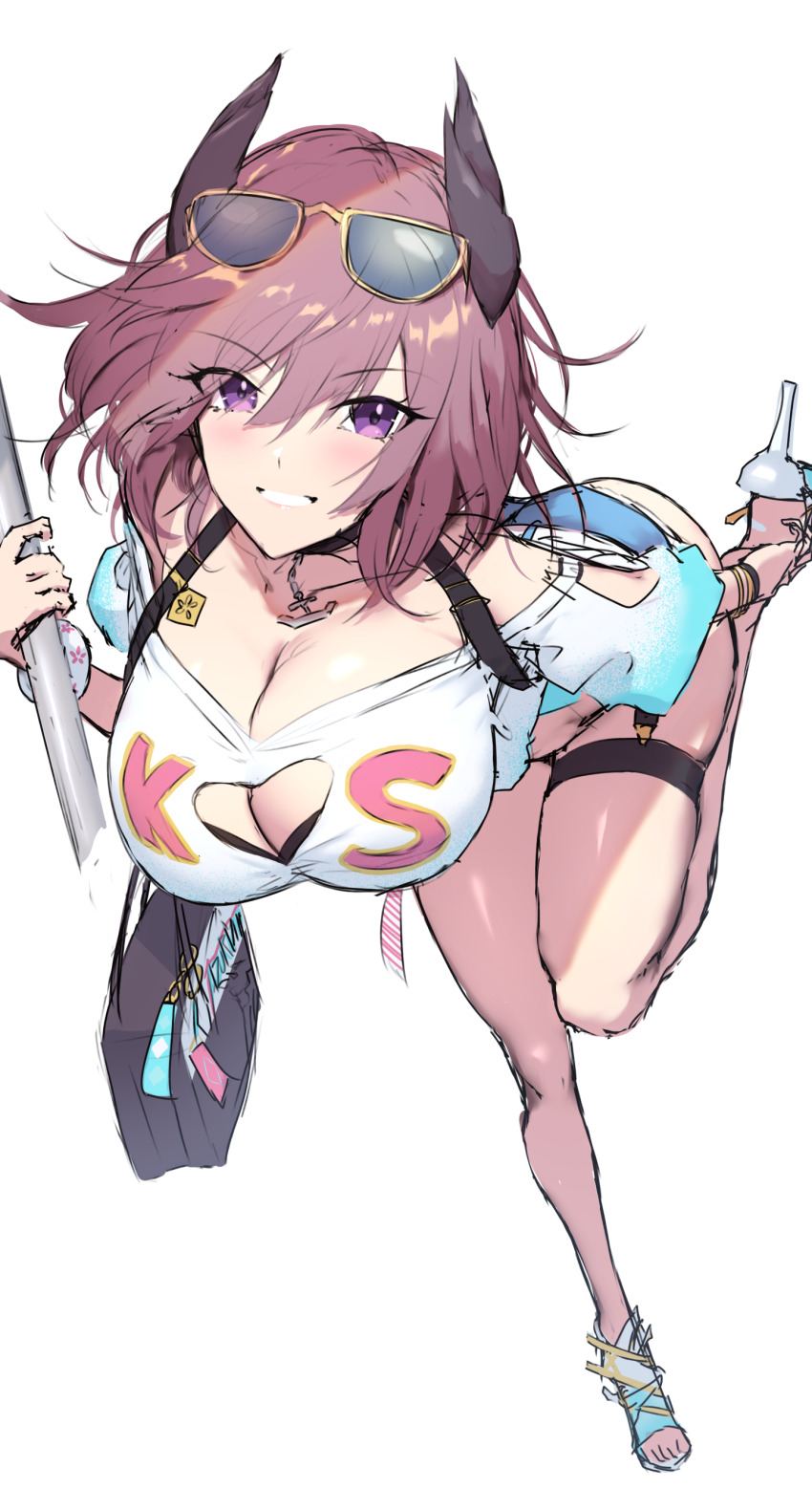 1girl absurdres azur_lane breasts cleavage cleavage_cutout clothing_cutout crop_top crop_top_overhang eyewear_on_head hair_between_eyes heart_cutout high_heels highres horns kirishima_(azur_lane) kirishima_(summery_audacity)_(azur_lane) large_breasts leaning_forward looking_at_viewer official_alternate_costume purple_eyes purple_hair shiroshisu short_shorts shorts smile solo standing standing_on_one_leg sunglasses thigh_strap white_background