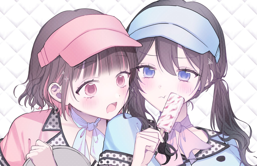 2girls blue_eyes blue_neckerchief blue_shirt blue_visor blush brown_hair character_request closed_mouth commentary_request commission copyright_request food hand_up highres holding holding_food holding_ice_cream holding_tray ice_cream kumo_tabetai long_hair looking_at_food low_twintails medium_hair multicolored_hair multiple_girls neckerchief open_mouth pink_eyes pink_hair pink_neckerchief pink_shirt pink_visor pout shirt tray twintails