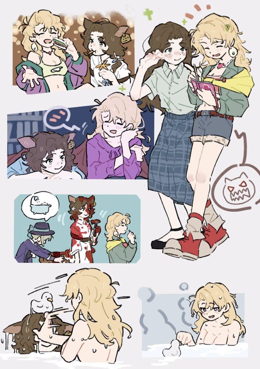 3girls animal_ears bathing bird blonde_hair blonney blood blush brown_hair collared_shirt contemporary crop_top deer_ears duck eating full_body green_shirt grey_hair hammer highres jessica_(reverse:1999) long_hair multiple_girls nude reverse:1999 shirt short_hair skirt smile speech_bubble vertin_(reverse:1999) yang_miemie_benti yuri