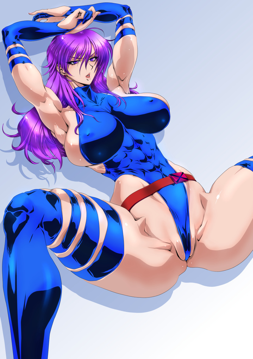 1girl abs absurdres armpits ass breasts covered_abs covered_erect_nipples elbow_gloves gloves highres huge_breasts large_breasts lipstick long_hair makeup marvel psylocke purple_eyes purple_hair solo thighhighs x-men yuri_ai