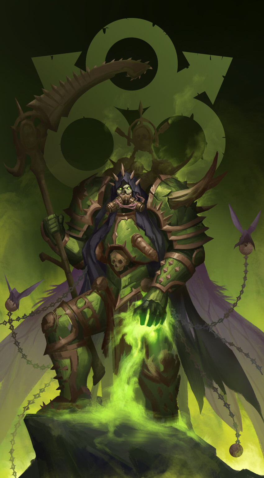 1boy absurdres armor armored_boots boots breastplate captain_morgan_pose carrying censer chain chaos_(warhammer) cloak commentary commentary_request couter cuirass cuisses damaged death_guard demon_primarch demon_wings english_commentary flying fumes gauntlets glowing glowing_eyes gradient_background greaves green_armor green_background green_eyes green_theme highres holding holding_scythe holding_weapon hood hooded_cloak insect_wings layered_armor leg_armor leg_up magic male_focus mask mortarion moth_wings no_pupils nurgle nurgle_(symbol) on_rock outdoors pauldrons pelvic_curtain poleyn power_armor primarch purple_hood rebreather rerebrace respirator rot_fly scythe shoulder_armor silence_(weapon) skull skull_ornament slime_(substance) solo spiked_armor spiked_hood spiked_pauldrons spikes standing straight-on veins warhammer_40k weapon wings zhangke_24