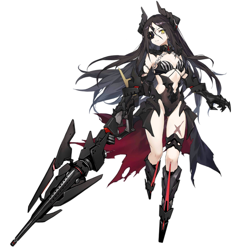 1girl armor armored_boots asymmetrical_armor bikini bikini_top_only black_armor black_flower black_hair black_horns black_leotard black_skirt boots breasts chain closed_mouth dreamer_(girls&#039;_frontline) dreamer_(moonlit_sentinel)_(girls&#039;_frontline) eyepatch facial_mark fang flower flower_eyepatch forehead_mark full_body gauntlets girls&#039;_frontline hair_between_eyes highres holding holding_weapon horns huge_weapon leotard long_hair looking_at_viewer medium_breasts official_alternate_costume official_art red_skirt sangvis_ferri scar scar_on_face scar_on_leg science_fiction showgirl_skirt simple_background skin_fang skirt slit_pupils smile smile_(mm-l) solo striped_bikini striped_clothes swimsuit thigh_armor third-party_source torn_clothes torn_skirt transparent_background two-sided_fabric two-sided_skirt very_long_hair weapon yellow_eyes