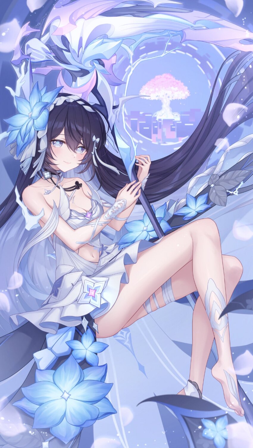 1girl bare_shoulders barefoot black_hair blue_flower closed_mouth clothing_cutout colored_inner_hair dress floating_hair flower hair_flower hair_ornament highres honkai_(series) honkai_impact_3rd long_hair multicolored_hair navel official_alternate_costume official_alternate_hair_length official_alternate_hairstyle rinna_(xxrinna) second-party_source seele_vollerei seele_vollerei_(herrscher_of_rebirth) smile solo stomach_cutout two-tone_hair very_long_hair white_dress