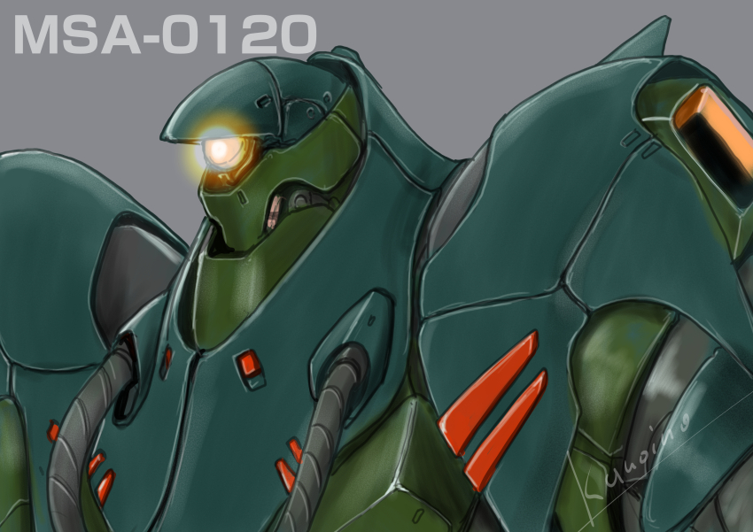 absurdres anaheim_electronics cable commentary_request exposed_internal_machinery glowing glowing_eye grey_background gundam gundam_f90 highres kuroneko_koubou mecha mecha_focus mobile_suit msa-0120 no_humans one-eyed portrait robot science_fiction signature upper_body vernier_thrusters