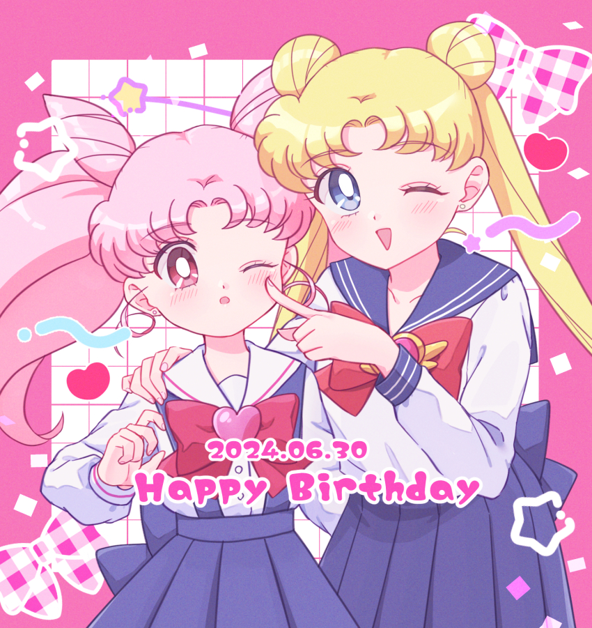 2024 2girls :d :o artist_request bishoujo_senshi_sailor_moon blonde_hair blue_eyes blush bow cheek_poking chibi_usa dated double_bun hair_bun happy_birthday heart mother_and_daughter mother_and_daughter_(lore) multiple_girls one_eye_closed open_mouth pink_background pink_eyes pink_hair poking sailor_chibi_chibi sailor_collar sailor_moon school_uniform skirt smile suspender_skirt suspenders tsukino_usagi white_background