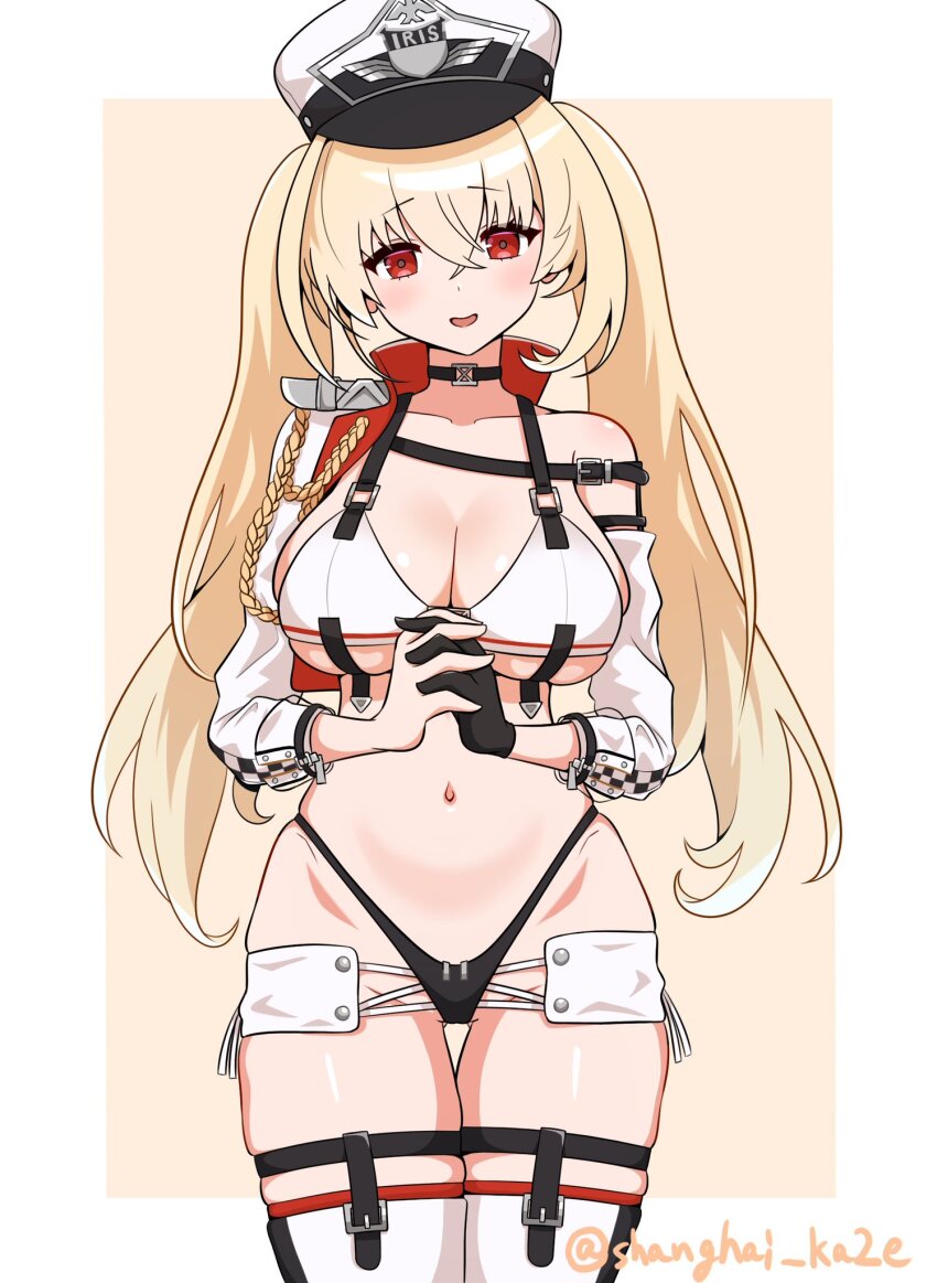 1girl aiguillette artist_name azur_lane baltimore_(azur_lane) baltimore_(azur_lane)_(cosplay) baltimore_(finish_line_flagbearer)_(azur_lane) black_gloves black_panties blonde_hair breasts cleavage cosplay crossed_bangs gloves gluteal_fold hat highleg highleg_panties highres kersaint_(azur_lane) large_breasts long_hair looking_at_viewer navel panties peaked_cap race_queen red_eyes shanghai_kani single_glove solo stomach twintails underwear white_hat