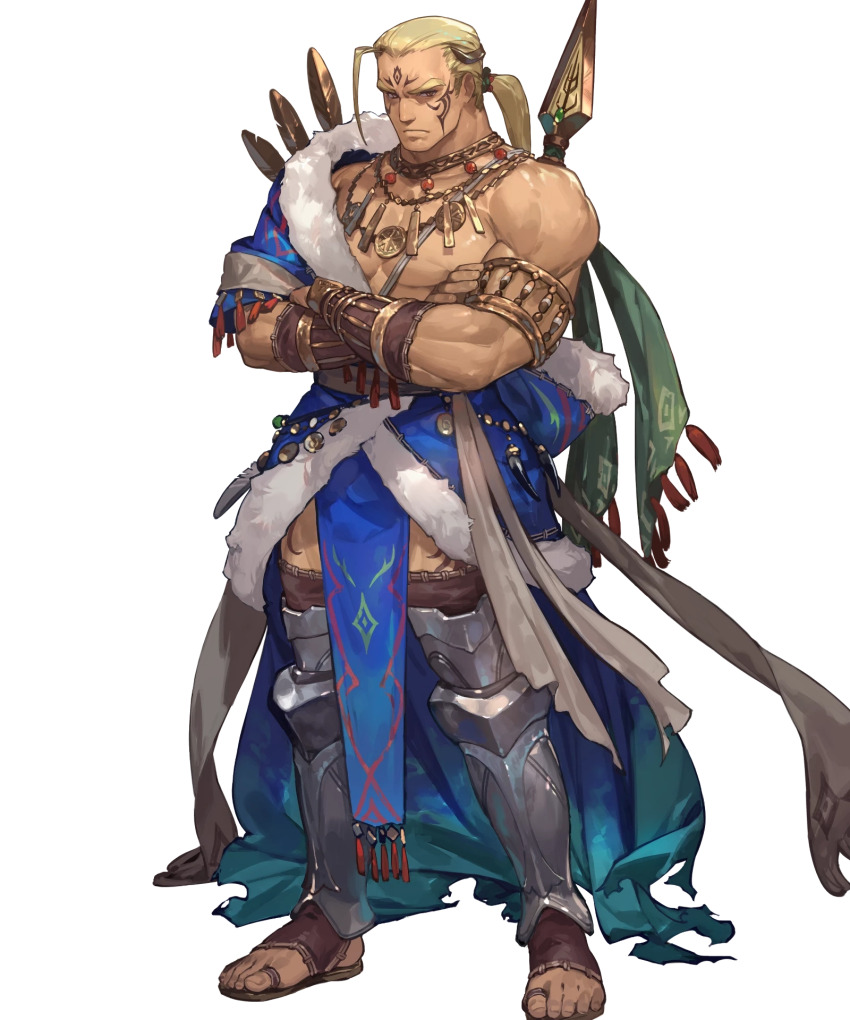 1boy armlet bare_pectorals blonde_hair covered_erect_nipples crossed_arms dark-skinned_male dark_skin facial_tattoo fire_emblem fire_emblem:_the_binding_blade fire_emblem_heroes full_body fur_trim gold_necklace hawkeye_(fire_emblem) highres jewelry lance large_pectorals leg_armor long_hair male_focus muscular muscular_male necklace nintendo non-web_source official_art pectorals polearm ponytail sandals so-taro tattoo toes transparent_background weapon