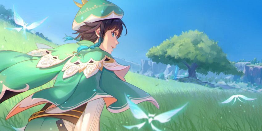 1boy androgynous beret black_hair blue_sky braid cape commentary crystalfly_(genshin_impact) english_commentary genshin_impact gradient_hair grass green_eyes green_hat hat highres long_sleeves looking_at_viewer male_focus mountain multicolored_hair open_mouth outdoors short_hair_with_long_locks sky sleepanight766 solo standing statue statue_of_the_seven tree twin_braids upper_body venti_(genshin_impact)