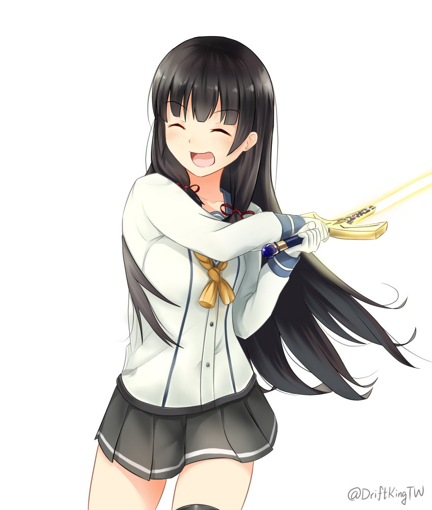 1girl ^_^ absurdres asymmetrical_legwear baker_at_bat black_hair caliburn_(fate) closed_eyes driftkingtw ellen_baker excalibur_(mythology) fate_(series) gloves hair_ribbon highres isokaze_(kancolle) kantai_collection kawasumi_ayako long_hair new_horizon open_mouth parody ribbon school_uniform serafuku single_thighhigh smile sword thighhighs tress_ribbon twitter_username uneven_legwear voice_actor_connection weapon
