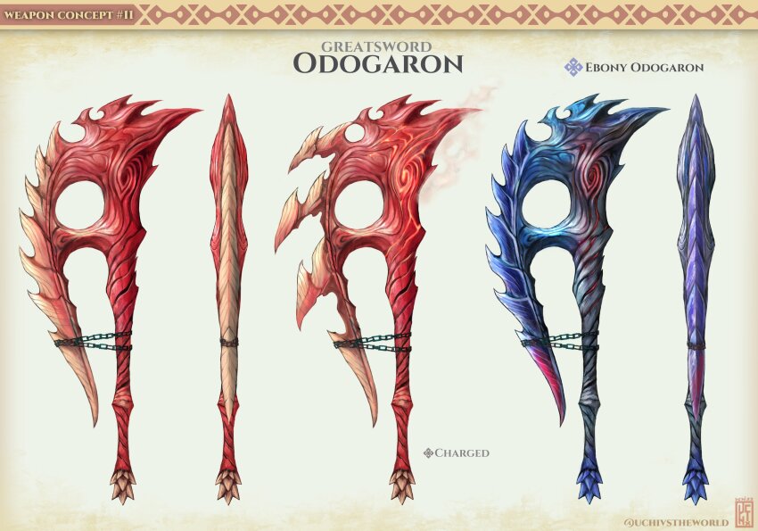artist_name chain reference_sheet cleaver ebony_odogaron english_text gradient_background greatsword highres monster_hunter:_world monster_hunter_(series) monster_hunter_world:_iceborne no_humans odogaron spikes sword uchi_vs_the_world watermark weapon weapon_focus