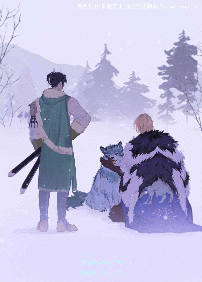 2boys animal aqua_capelet aqua_tunic armor black_fur black_hair blonde_hair blue_cape boots brown_gloves cape capelet commentary_request crest dimitri_alexandre_blaiddyd dimitri_alexandre_blaiddyd_(timeskip) dog felix_hugo_fraldarius felix_hugo_fraldarius_(timeskip) fir_tree fire_emblem fire_emblem:_three_houses fur-trimmed_gloves fur-trimmed_hood fur_trim gloves highres hood kneeling leather_armor male_focus mountain multiple_boys multiple_swords nintendo outdoors petting ponytail sevenney snow standing sword tongue tongue_out tree tunic weapon white_fur winter