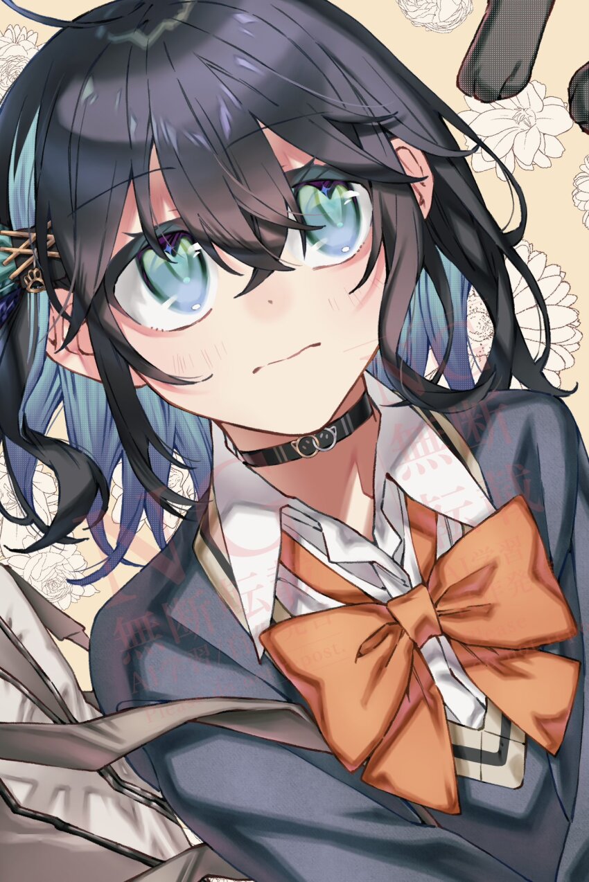1girl black_choker black_hair blue_eyes blue_hair bow bowtie choker closed_mouth collared_shirt colored_inner_hair grey_sweater hair_between_eyes hair_ornament hashtag-only_commentary highres loose_bowtie medium_hair miyamai_moca multicolored_hair orange_bow orange_bowtie shirt solo sweater tere_douga upper_body voicepeak watermark white_shirt